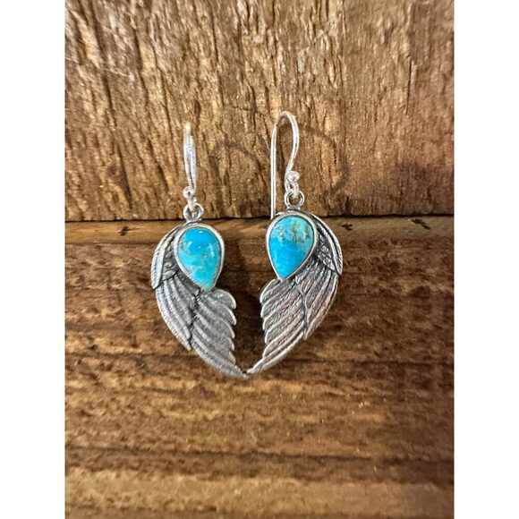 Navajo Eagle Wing Turquoise Earrings in Sterling Silver - Handcrafted Native Am - Picture 5 of 11